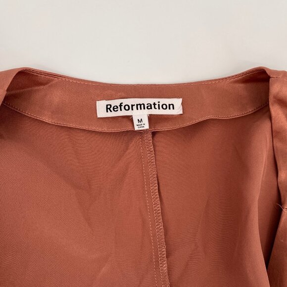 Reformation Silk Mini Dress Size M Rust Wrap Tie Waist Long Sleeve V-Neck - Picture 7 of 9